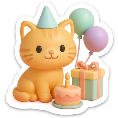 ginger tabby kitten sitting next to a stack of gifts, wearing a party hat, birthday cake and balloons around, cheerful sticker