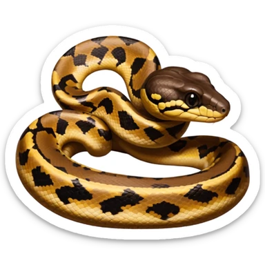 A photo-realistic digital illustration of a Ball Python, chest upward, with a short, rounded head, thick body, and a calm, curious expression. It has a warm brown base color with irregular dark blotches shaped like “alien heads,” and matte-textured scales that emphasize its small, stocky form. sticker
