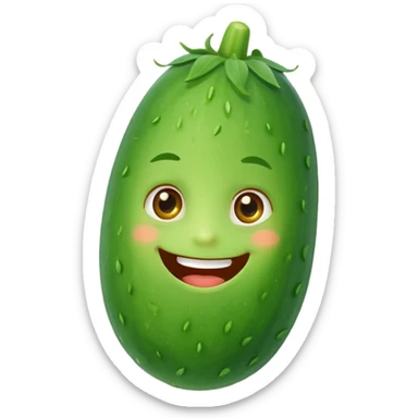 Happy cucumber emoji, big smile, bright eyes, simple flat design, green gradient, white background, vector style sticker