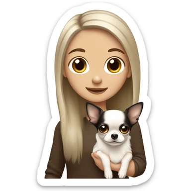 smiling white girl with black long hair and brown eyes with her little solid white chihuahua and tiny solid brown chihuahua sticker