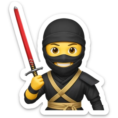 Make a customized yellow head emoji with hands and holding a sword in a ninja face mask sticker