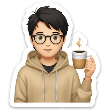 a light tan handsome boy with messy a black hair and spectacles. wearing a beige oversized and loose hoodie with a coffee in hand sticker
