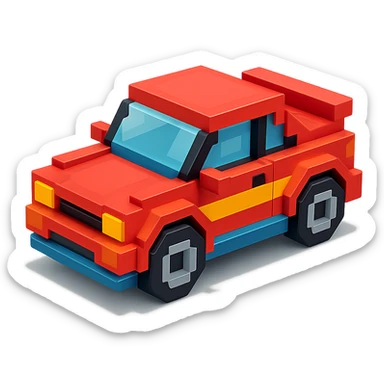 A voxel-style car with a sporty design, vibrant colors, simple geometric shapes, and a glossy finish sticker