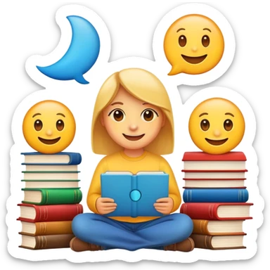 Smart, friendly looking emojis, they are sitting behind a book or laptop sticker