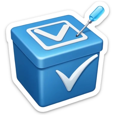 A blue box  and a white tick sticker
