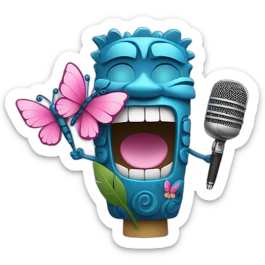 Cartoon Blue and pink tiki singing with butterfly and in the mikrophone sticker