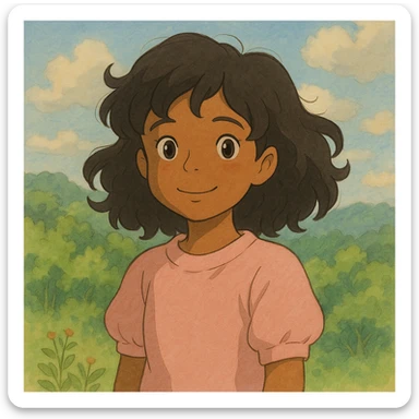 brown girl with black wavy hair, wearing a cute light pink shirt, ghibli-inspired style sticker