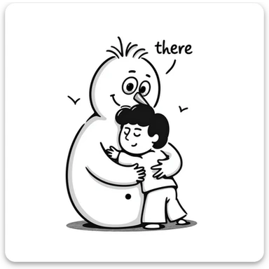 abominable snowman comforting a child, with the words 'there there', clear and expressive, hand drawn doodle style sticker