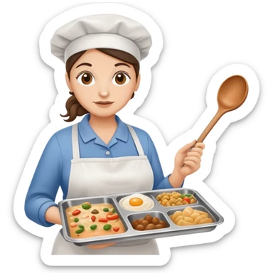 lunch lady holding a ladle and a tray with gross food, cartoonish sticker