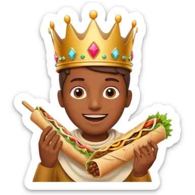playful half-body person with crown happily eating large kebab wrap, simple vibrant cheerful emoji look sticker