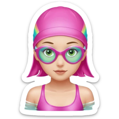 pretty girl with green eyes pink swim cap holographic swimming glasses and cute profesional swimmer pink swimsuit without her hair visible swimming sticker
