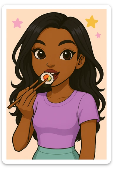 Change the pose to a 20-year-old anime Bratz style woman with dark skin, straight hair, trendy outfit, big expressive eyes, glossy lips, no hat, no tears, happy expression, both eyes open, looking straight ahead, eating a California roll with chopsticks, headshot only. sticker