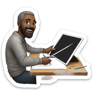 A man, drawing on an iPad with a stylus. , using the iPad placed on a table. with art tools like brushes and pencils around him. 🎨 sticker