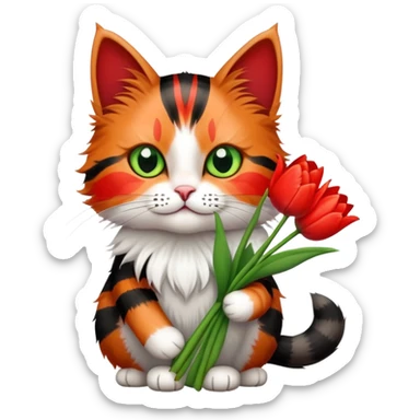 tricolor fluffy cat with big green eyes holding red tulips in her arms sticker