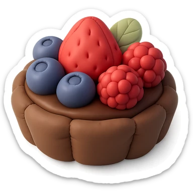 3D cushion style fruit tart with chocolate crust, chocolate ganache, topped with mixed berries and mint leaves, plush and soft sticker