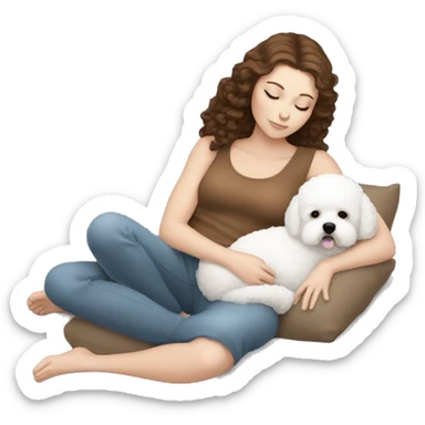White girl brown hair sleeping with Mini Bichon sticker