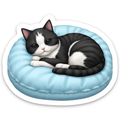 tuxedo short haired cat with his eyes closed sleeping in a lightblue pillow sticker