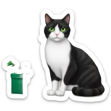 Tuxedo cat with green eyes sitting next to a tortoiseshell cat in front of a Christmas tree sticker