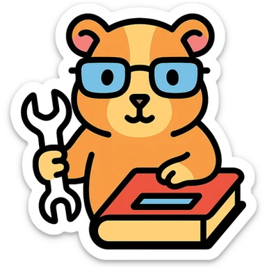 studious guinea pig with glasses, holding a wrench and fixing a book, color outline icon sticker