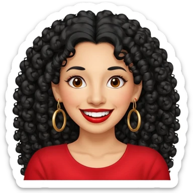 40 yr old peruvian woman, very curly long black hair, red lipstick, big smile, white teeth, brown eyes, hoop earings sticker