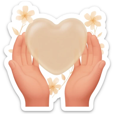 Realistic hands are holding light beige human heart with beige flowers sticker