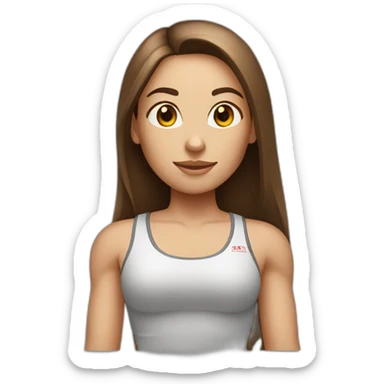 fitness girl with straight long brown hair, wearing white sticker