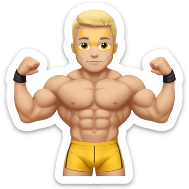bodybuilder doble biceps possing; complete body; yellow skin; no wrist bands; wearing a speedo sticker