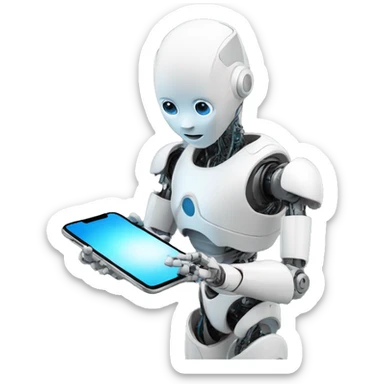 a humanoid robot looking at his iphone sticker