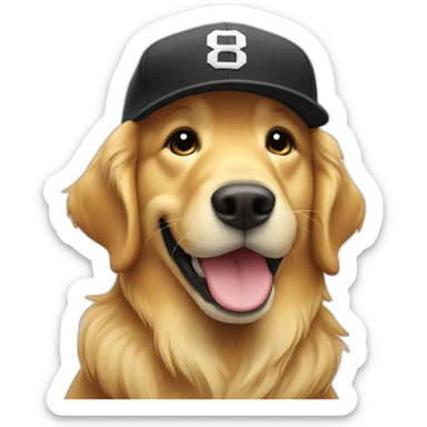 smiling golden retriever with black baseball cap sticker