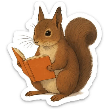A cute brown squirrel with an orange book, studying at Siberian Federal University, sitting, full body, detailed fur, intelligent and beautiful sticker