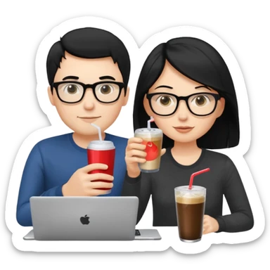 Hombre blanco con gafas, pelo negro tomando un refresco frente a un ordenador con ropa de sport,  y se ve en la pantalla del ordenador una mujer rubia tomando café sticker
