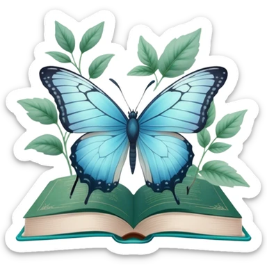 A pale blue butterfly hovering over an open green book with faded botanical illustrations. sticker