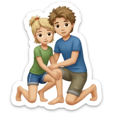 barefooted boy with messy hair putting his foot on a kneeling girl sticker