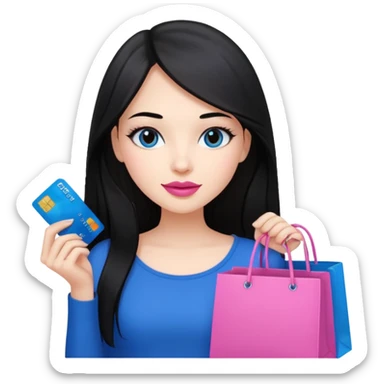 Girl with long black hair, pink lipstick, brown eyes holding shopping bags and blue credit card sticker