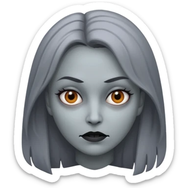woman with gray skin and a creepy face sticker