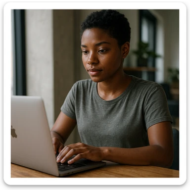 A girl with a dark complexion and short dark hair, wearing casual clothes, working on a laptop, realistic style, natural lighting, detailed, in a modern setting sticker
