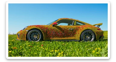 Closeup shot of a porsche 911, body of car made of grass and big colorfull flowers, green hill grass, blue clear sky, dutch angle, captured by ARRI 65 sticker