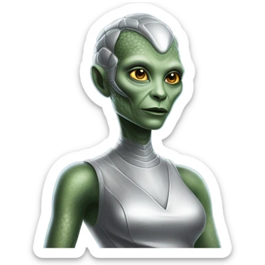 Alien reptilian woman in silver dress, working sticker