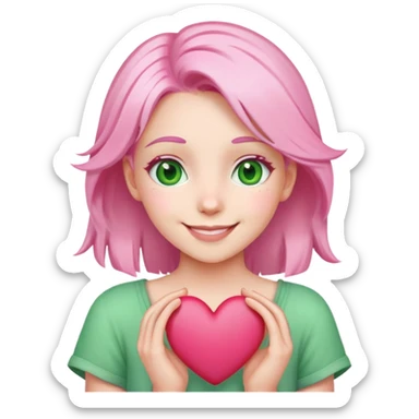 girl with pink and white hair, green eyes, smiling, holding a heart, emoji style sticker