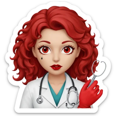 Lilith scalpel in hand, evil surgeon sexy surgeon clothes.  She has red eyes. She brown long curly hair. Wears sexy doctor outfit with red gloves. Hides mouth necknose with red bandana to hide her identity sticker