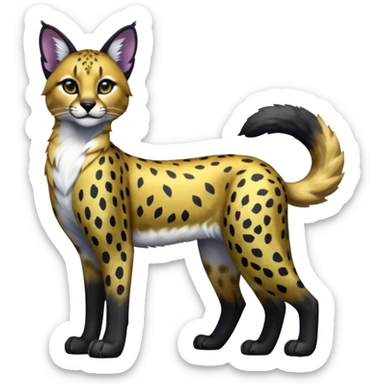 Colorful adorable shiny spectral glittery soft smooth black gloomy dark dull melanistic black-and-gold-glittery wealthy luxurious accessorized elegant beautiful pretty Caracal-Cheetah-Serval-Snow-Leopard-Trico-Sergal-Vernid-fusion-hybrid-animal-creature, full body sticker