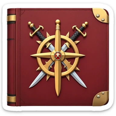 A dark crimson red book with black and gold details, a rugged leather texture, and an emblem of crossed swords, a knight chess piece, or a battle flag, radiating strategy, discipline, and the art of power sticker