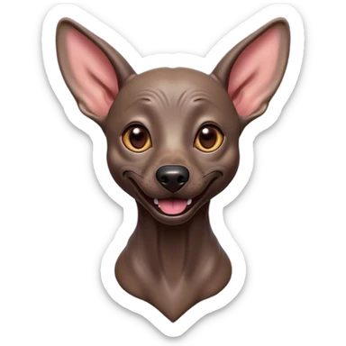 Cinematic Comical Xoloitzcuintle dog Portrait Emoji, Head tilted dramatically with an exaggeratedly amused expression, featuring smooth, hairless ebony skin with pronounced wrinkles and wide, expressive dark eyes filled with playful disbelief, Simplified yet hilariously expressive features, highly detailed, glowing with a slightly sassy glow, high shine, dramatic yet playful, stylized with an air of cheeky mischief, bright and endearing, soft glowing outline, capturing the essence of a spirited and over-the-top companion, so meme-worthy it feels like it could side-eye its way into internet fame instantly! sticker
