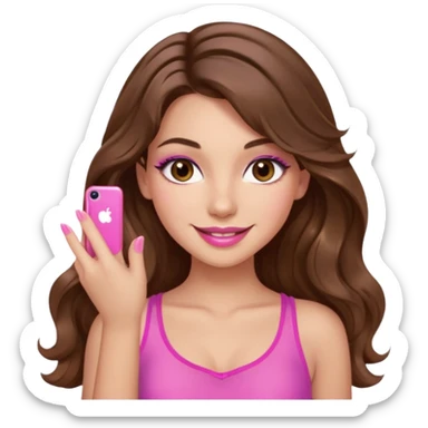 girl with long wavy brown hair, brown eyes, long lashes, sexy pink lips, light to medium complexion, wearing a pink sexy top, smiling, finger tips touching sticker