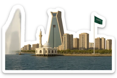 cinematic, realistic emoji of Jeddah, wide city view with real, completed buildings including King Fahd Fountain, National Commercial Bank Tower, Jeddah Corniche Mosque, and Jeddah Flagpole, lifelike detail, accurate colors, bright daytime lighting, fully transparent background with no sky and no clouds, exclude unbuilt Jeddah Tower sticker