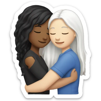 A lesbian couple who both have white skin and long black hair are hugging intimately. sticker