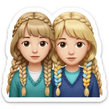 Sister with bangs and long wavy blonde hair and her sister with brown hair with bangs and longb hair braided to one side.  Close loving sisters💛 sticker