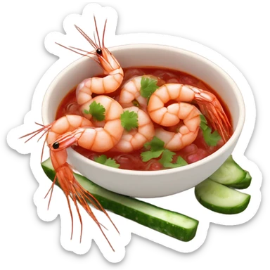 Shrimps in cup with red sauce cucumber onions cilantro  sticker
