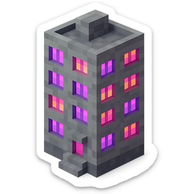 voxel style Russian panel apartment building with fewer blocks, gray concrete, windows glowing with ultraviolet (UV) color, isometric view sticker