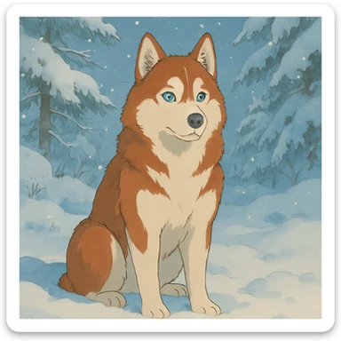 red siberian husky with blue eyes sitting in the snow sticker